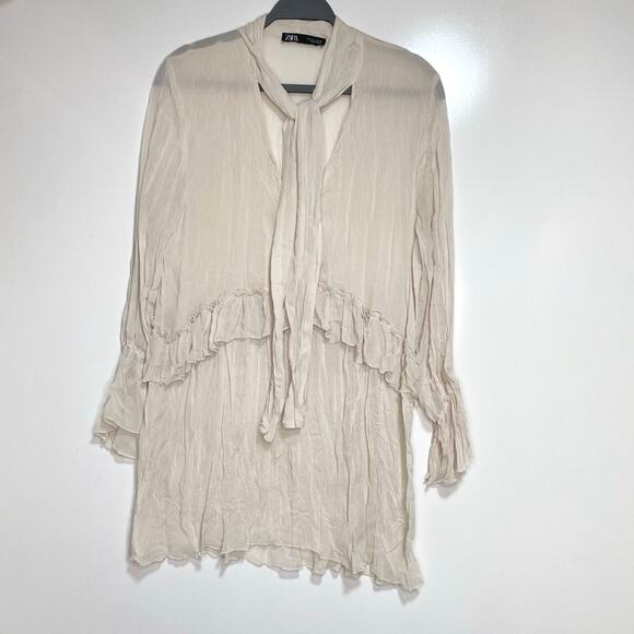 Zara Neck Tie Ruffle Long Sleeve Sheer Chiffon Mini Dress, Tunic V Neck Bone L - Picture 3 of 8